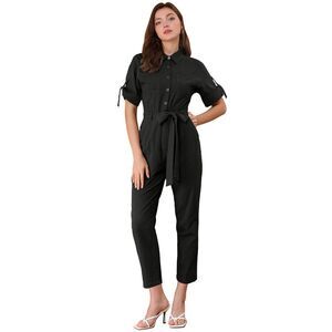 Short Sleeve Collared Cropped Button Down Tie Waist Cotton Cargo Jumpsuit Black